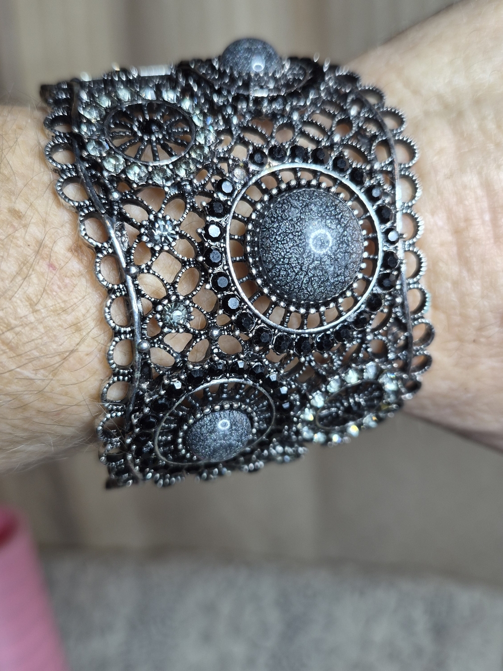 Vintage Gunmetal Filigree Statement Hinge Cuff Bracelet